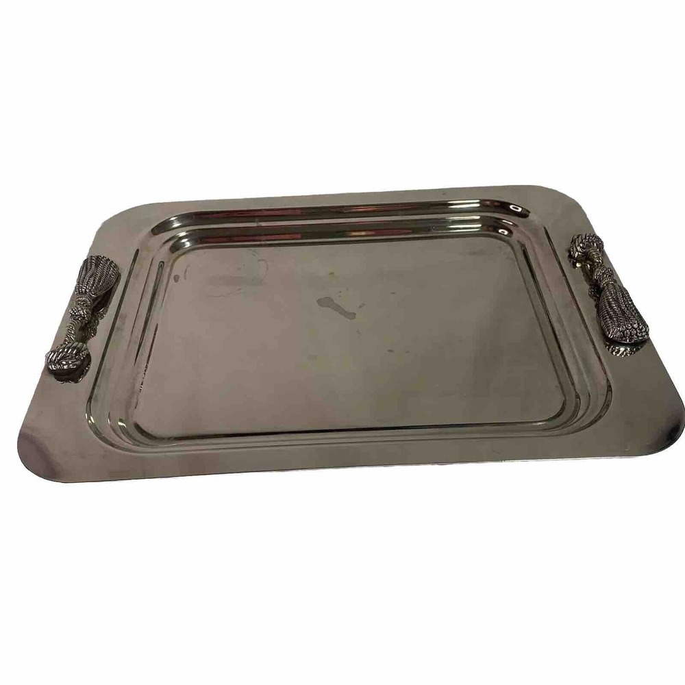 VTG Silver Butler Serving Display Tray with Tassel Shape Handles Large Platter